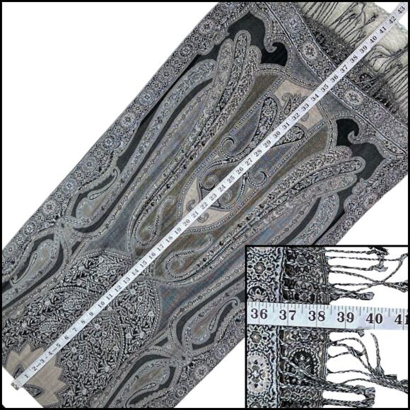 Oversized Paisley Tapestry Scarf Swirl Black White Gray 77" X 20" - Picture 10 of 11